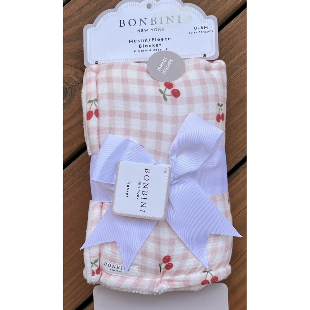 Bonbini Baby Blanket Muslin Cotton Soft Fleece Lining Cherry Cherries Stripe New